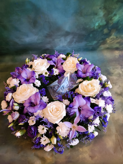 Purple wreath - Wreath of fresh flowers in purples and whites to include white roses