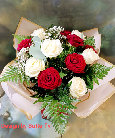 White and red - Dozen large-headed ,extra quality roses.
